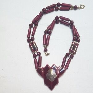 Vintage Japan Necklace Double Strand Burgundy Bead  Geometric Ceramic Pendant